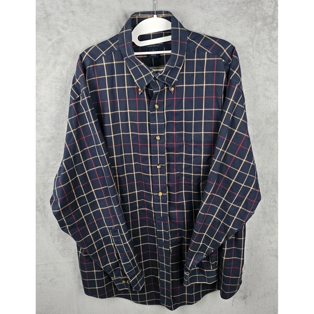Brooks Brothers Mens XL Navy Blue Windowpane‎ Non-Iron Cotton Button Down Shirt